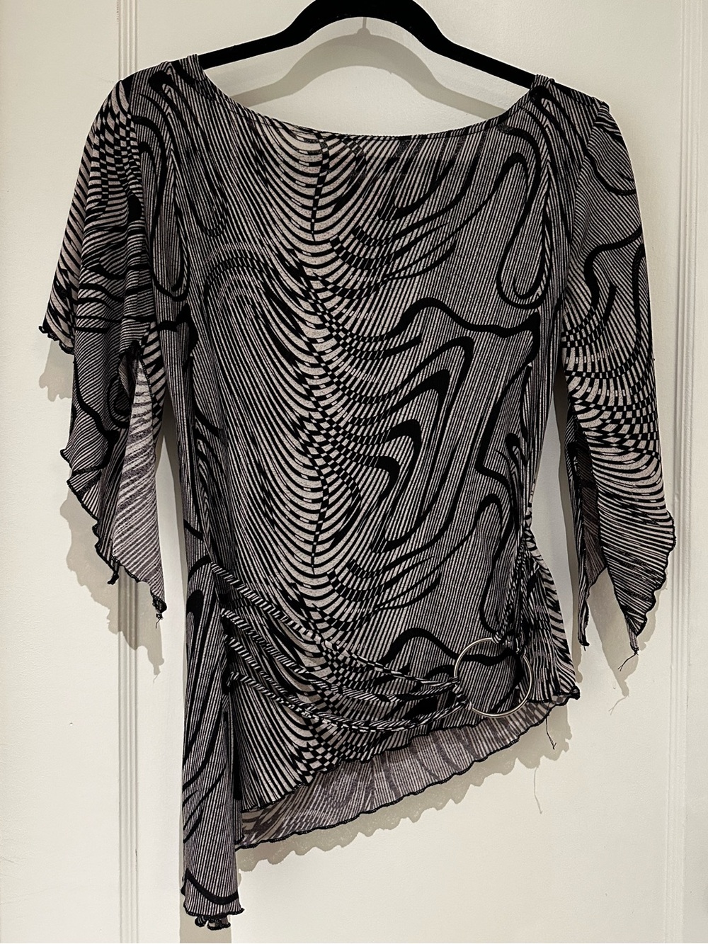 y2k vintage asymmetrical abstract blouse with silver belt detail